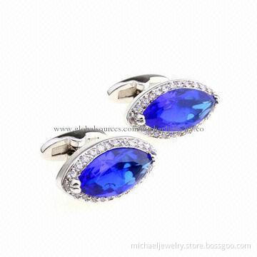 Brass cufflinks with blue CZ stone and transparent CZ stone
